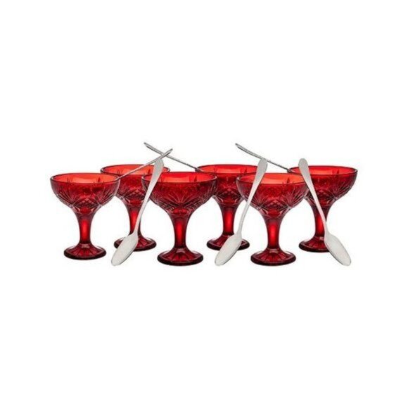 Dublin Collection Red Glass Dessert & Champagne Taster Set With Spoons - Picture 2 of 8